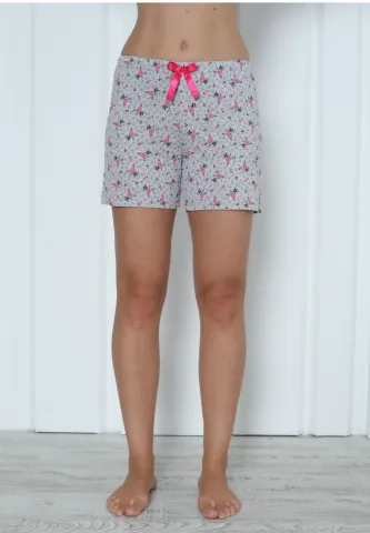 Short damă pijama din bumbac, gri, imprimeu flori roz