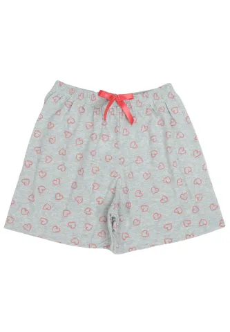 Short damă pijama din bumbac, gri, imprimeu inimi portocalii