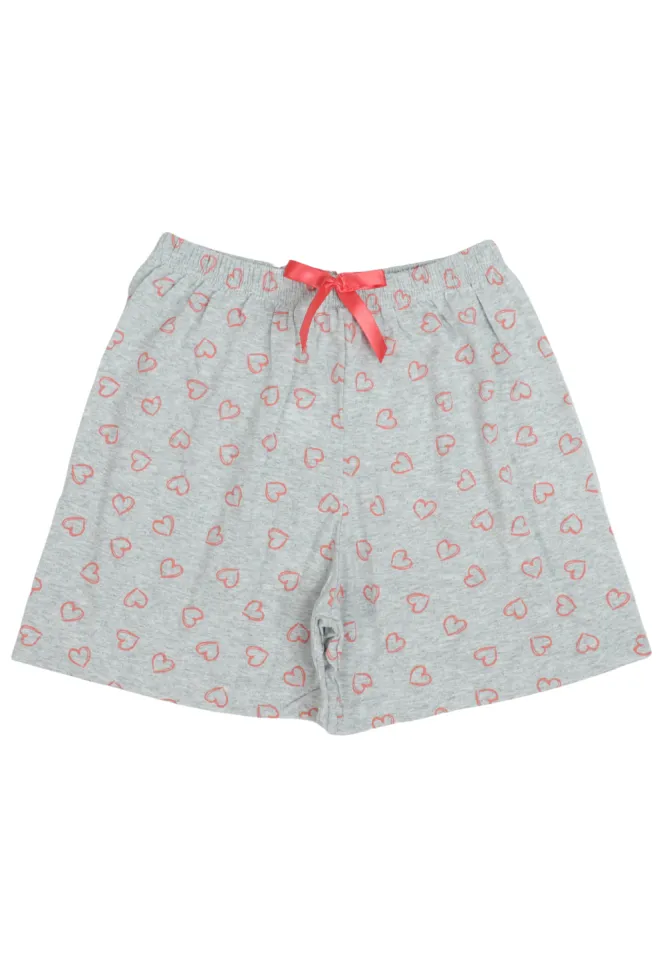 Short damă pijama din bumbac, gri, imprimeu inimi portocalii