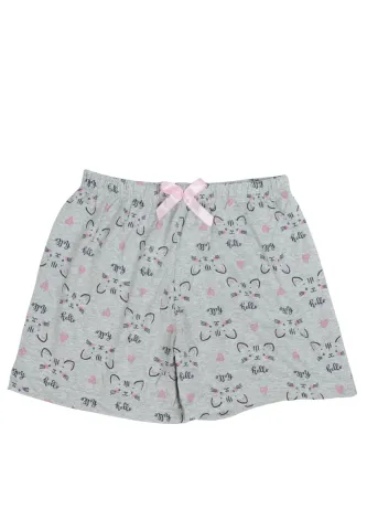 Short damă pijama din bumbac, gri, imprimeu pisicuțe