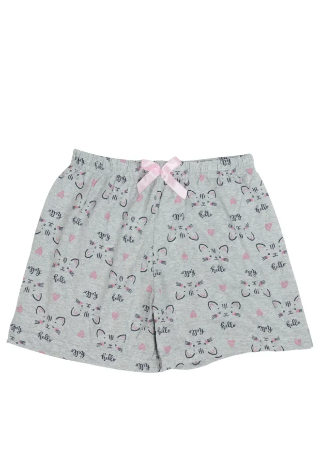 Short damă pijama din bumbac, gri, imprimeu pisicuțe