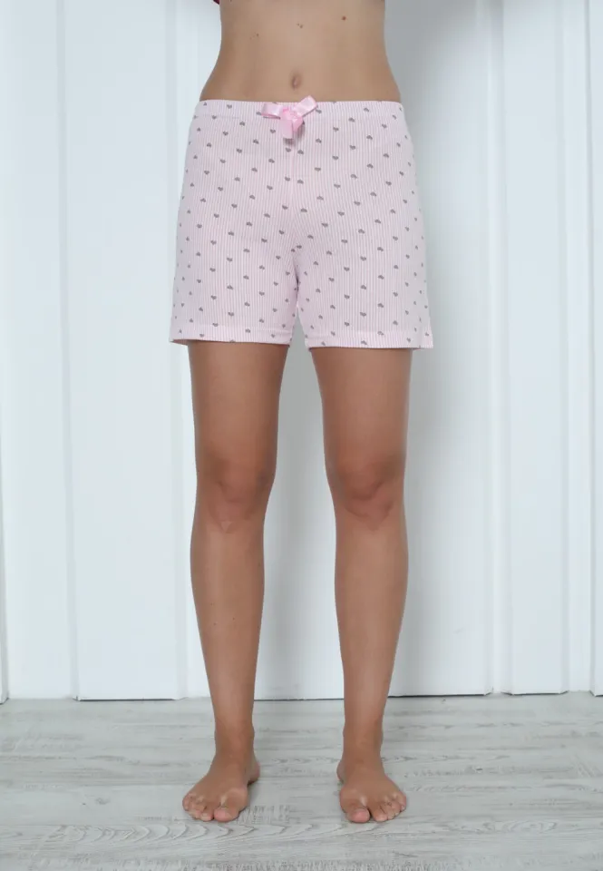 Short damă pijama din bumbac, roz, imprimeu inimi