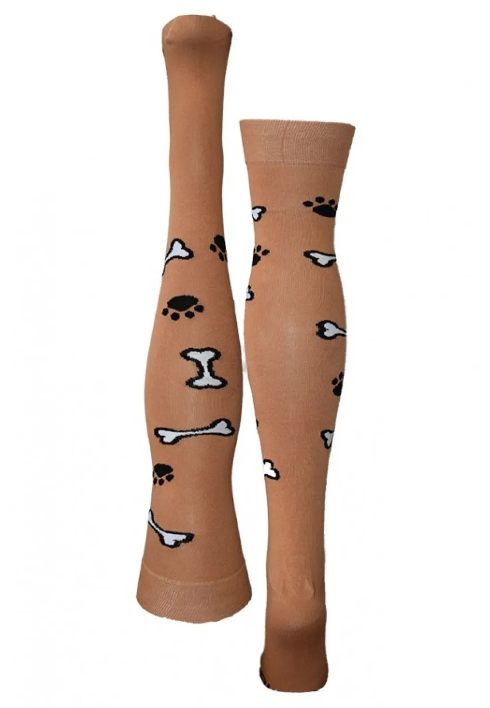 Șosete damă lungi, bumbac, imprimeu amprente cățeluș, maro - 1
