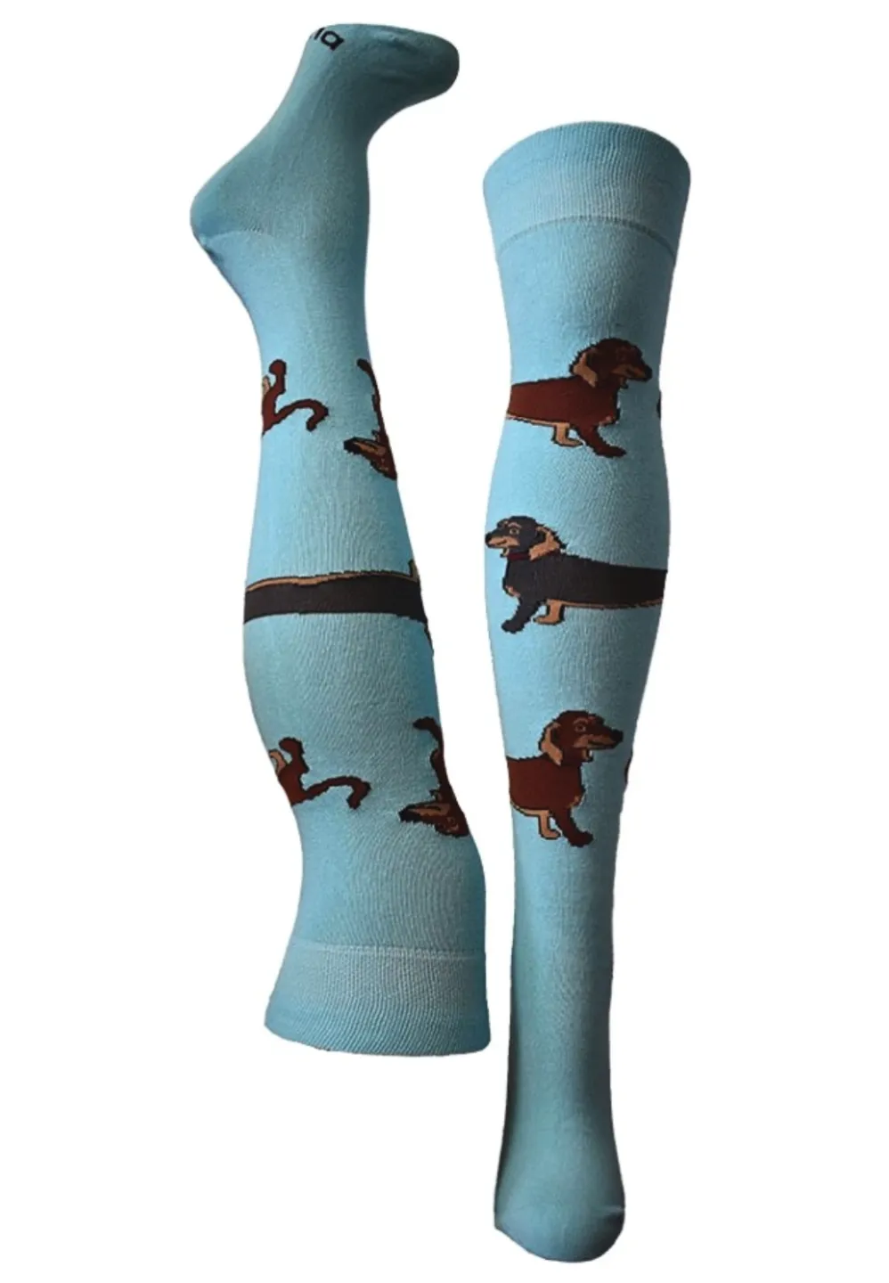 Șosete damă lungi, bumbac, imprimeu cățeluși, albastru - 1