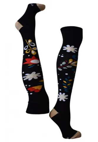 Șosete damă lungi, bumbac, imprimeu floral, negru
