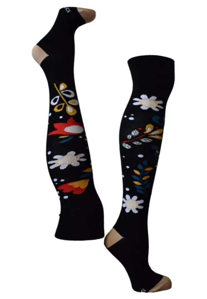Șosete damă lungi, bumbac, imprimeu floral, negru