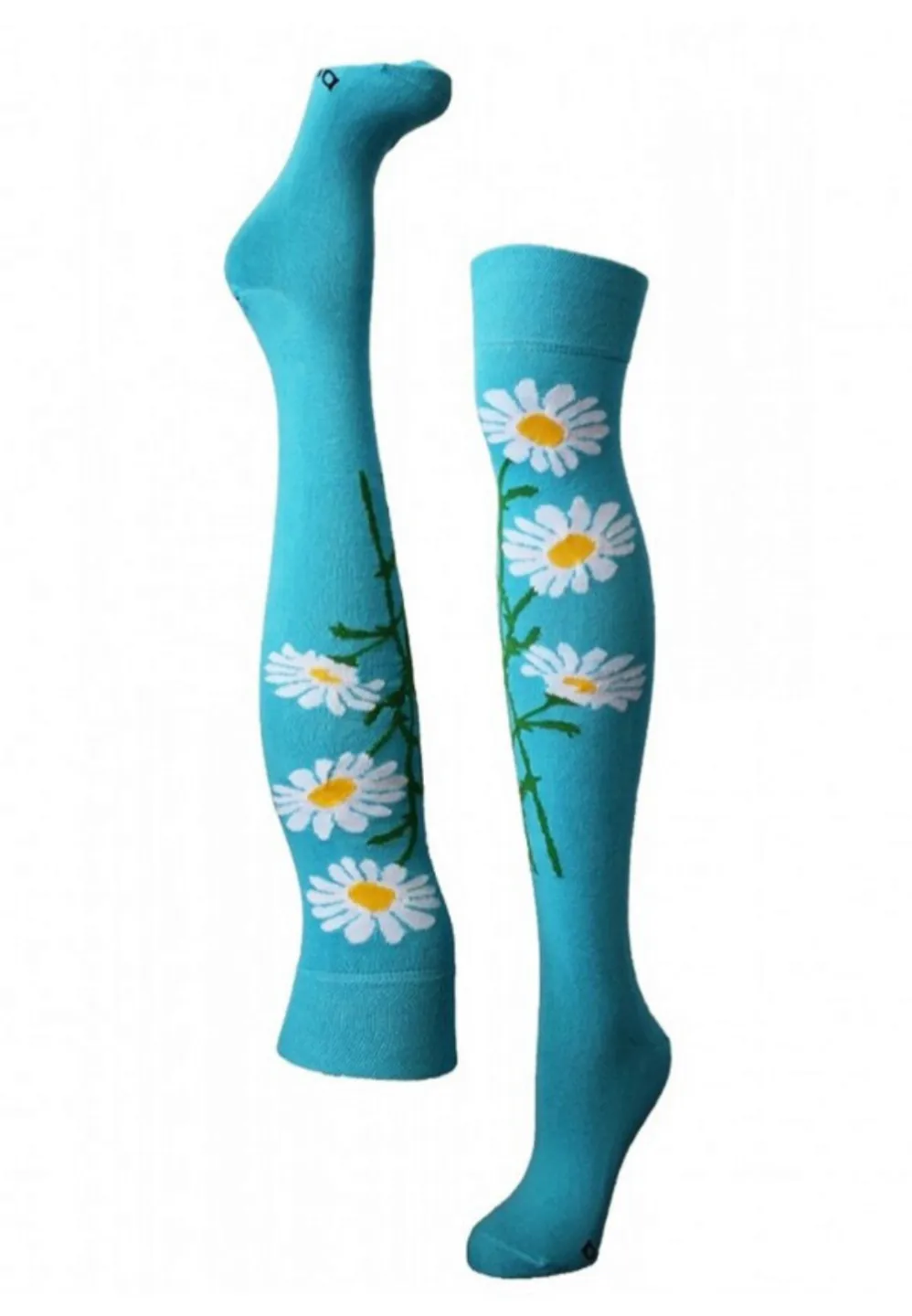 Șosete damă lungi, bumbac, imprimeu floral, turcoaz - 1