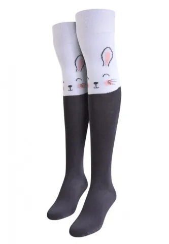 Șosete damă lungi, bumbac, imprimeu iepuraș, gri
