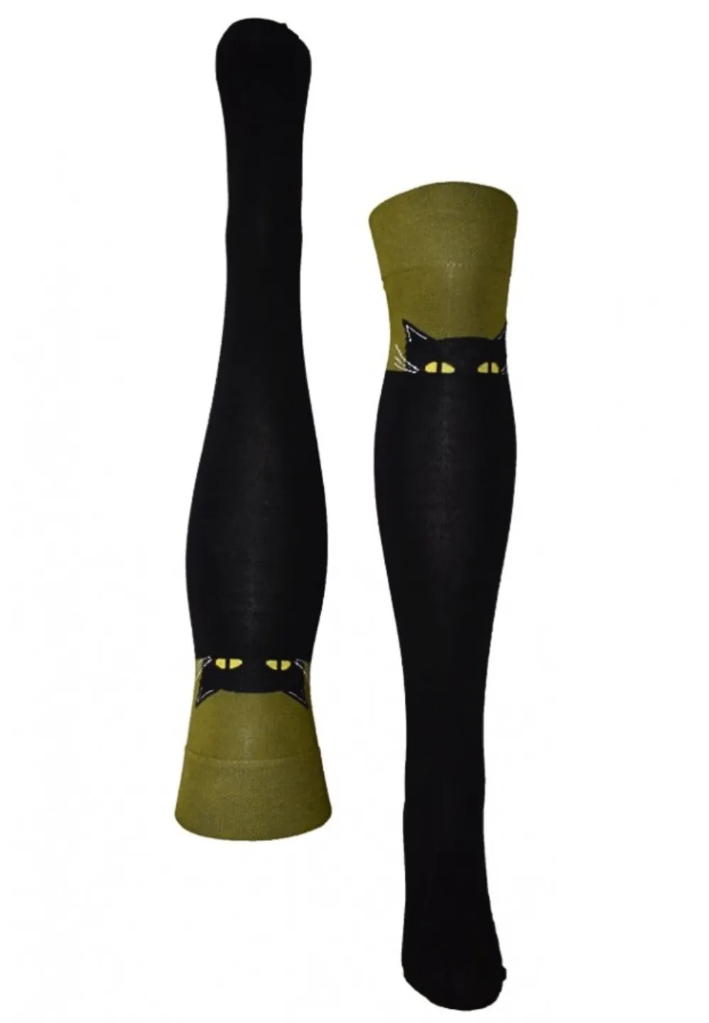 Șosete damă lungi, bumbac, imprimeu pisică, negru-verde - 2