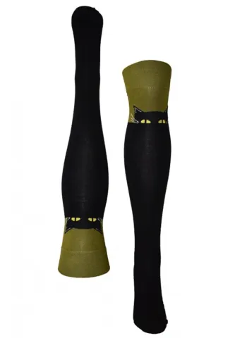 Șosete damă lungi, bumbac, imprimeu pisică, negru-verde hover