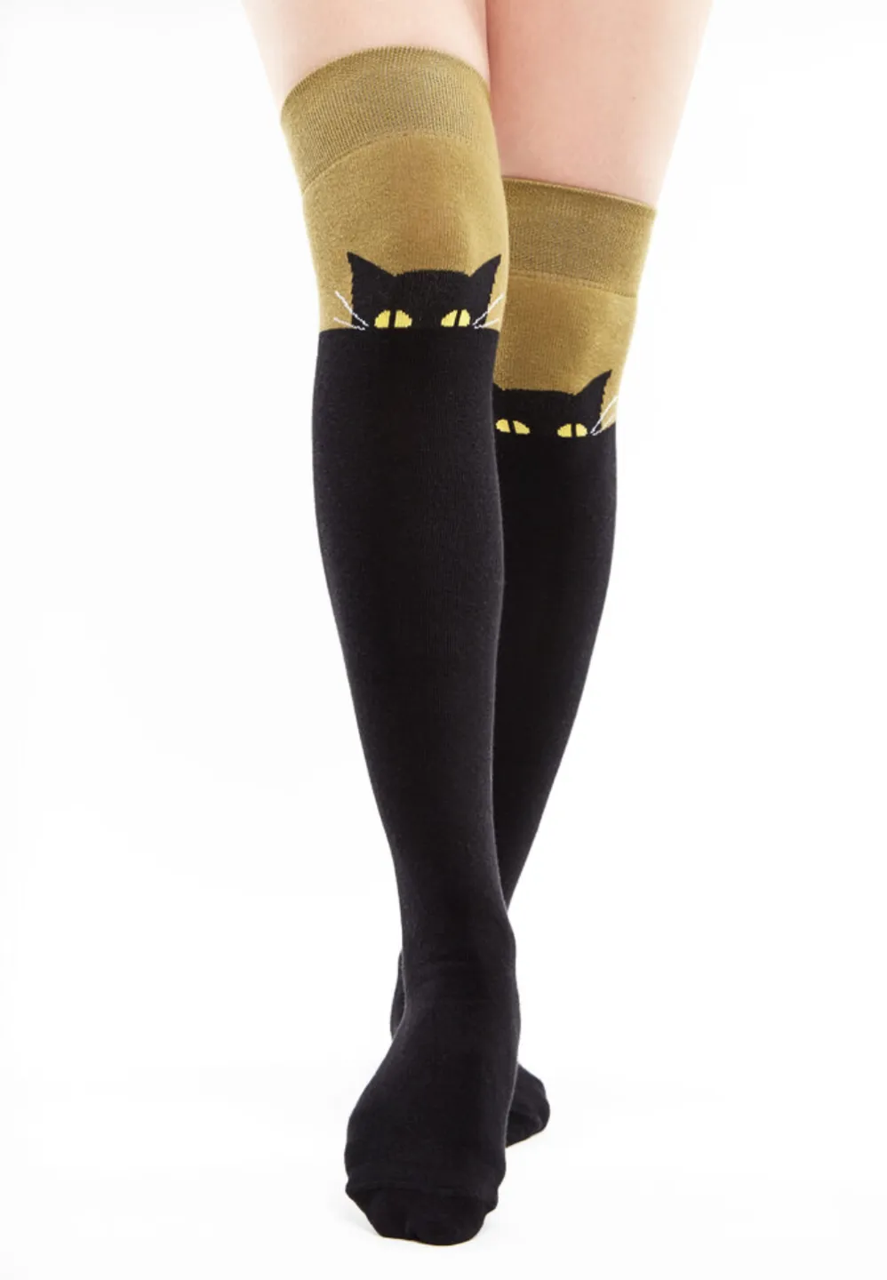 Șosete damă lungi, bumbac, imprimeu pisică, negru-verde - 1