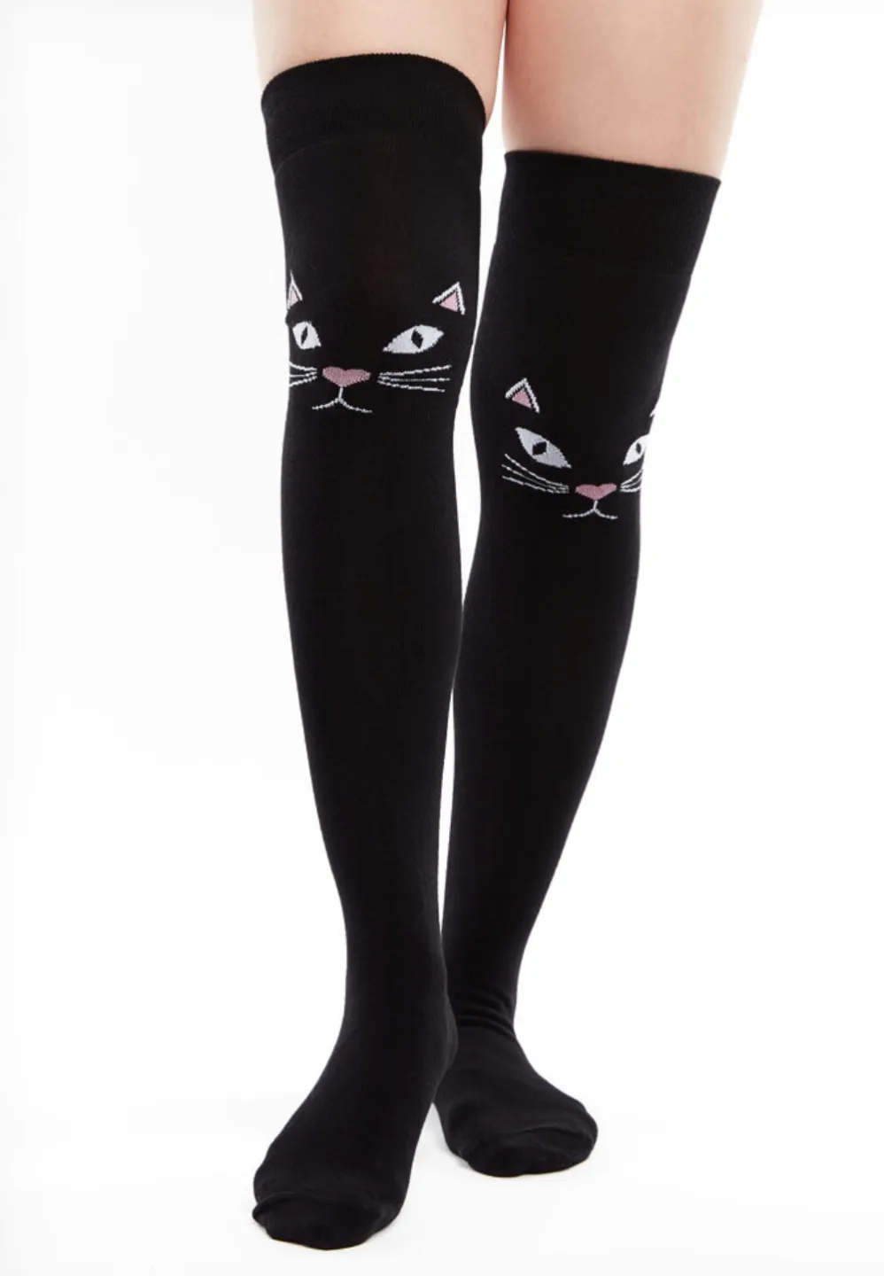 Șosete damă lungi, bumbac, imprimeu pisicuță, negru - 1