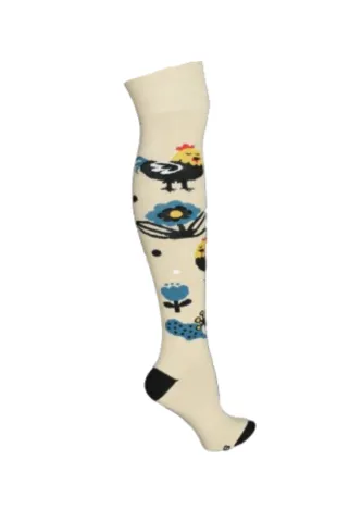 Șosete damă lungi, bumbac, imprimeu rândunele, maro