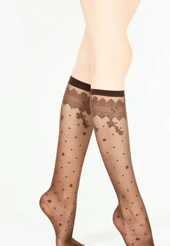 Șosete dama Penti ,,Milla" 15 DEN, până la genunchi- plasa și efect de dantela, maro