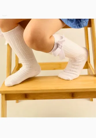 Șosete fetițe 3/4, bumbac, cu fundiță decorativă- culoare alb