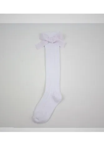 Șosete fetițe 3/4, bumbac, cu fundiță decorativă- culoare alb hover