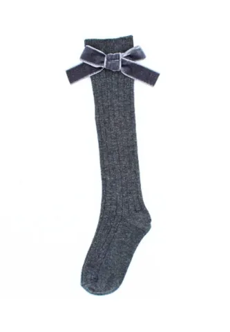 Șosete fetițe 3/4, bumbac, cu fundiță decorativă- culoare gri hover