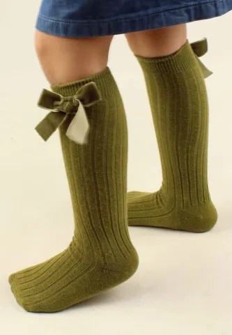 Șosete fetițe 3/4, bumbac, cu fundiță decorativă- culoare kaki