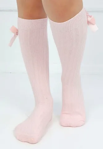 Șosete fetițe 3/4, bumbac, cu fundiță decorativă- culoare roz