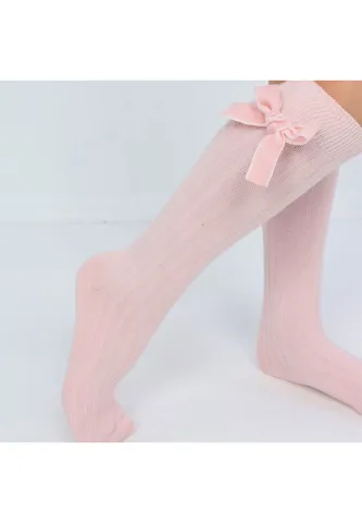 Șosete fetițe 3/4, bumbac, cu fundiță decorativă- culoare roz hover