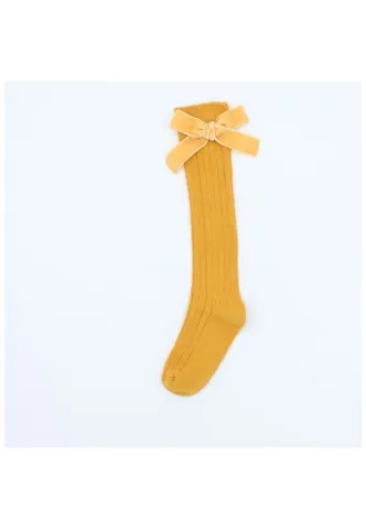 Șosete fetițe 3/4, bumbac, cu fundiță decorativă- galben muștar hover
