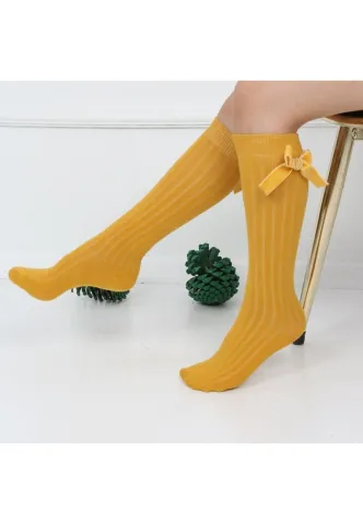 Șosete fetițe 3/4, bumbac, cu fundiță decorativă- galben muștar