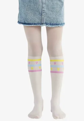 Dres fetițe Penti Young ,,Mini Hearts Line'' 30 DEN, imprimeu dungi colorate, alb