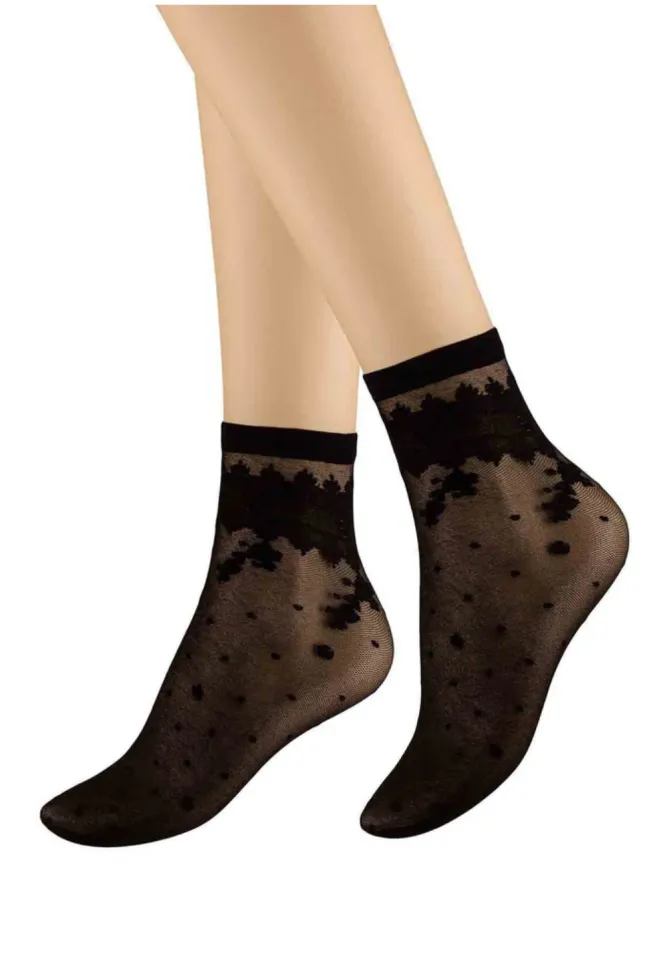 Șosete Penti ,,Milla" 15 DEN – Negre, Peste Gleznă, cu Model Floricele