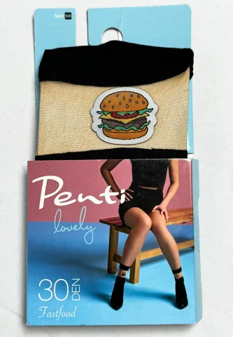 Șosete Penti 30 DEN ,,Fast Food'' – Negre, cu Imprimeu Burger