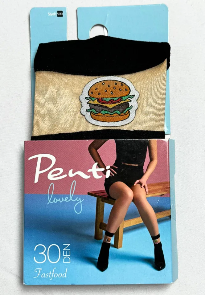 Șosete Penti 30 DEN ,,Fast Food'' – Negre, cu Imprimeu Burger