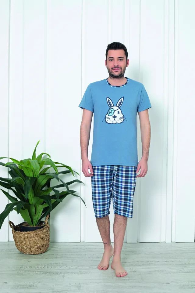 Pijama bărbat din bumbac, mânecă scurtă și pantaloni 3/4, imprimeu iepure pirat, albastru
