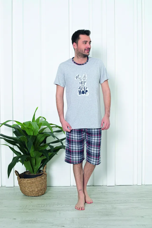 Pijama bărbat din bumbac, mânecă scurtă și pantaloni 3/4, imprimeu iepure hip-hop, gri