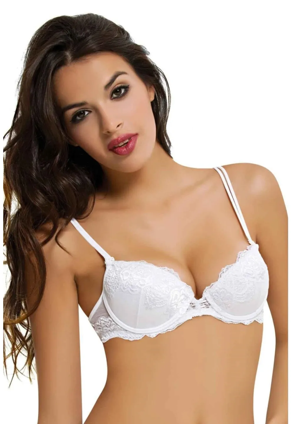 Sutien damă cu efect push-up și dantelă , culoare alb - 1