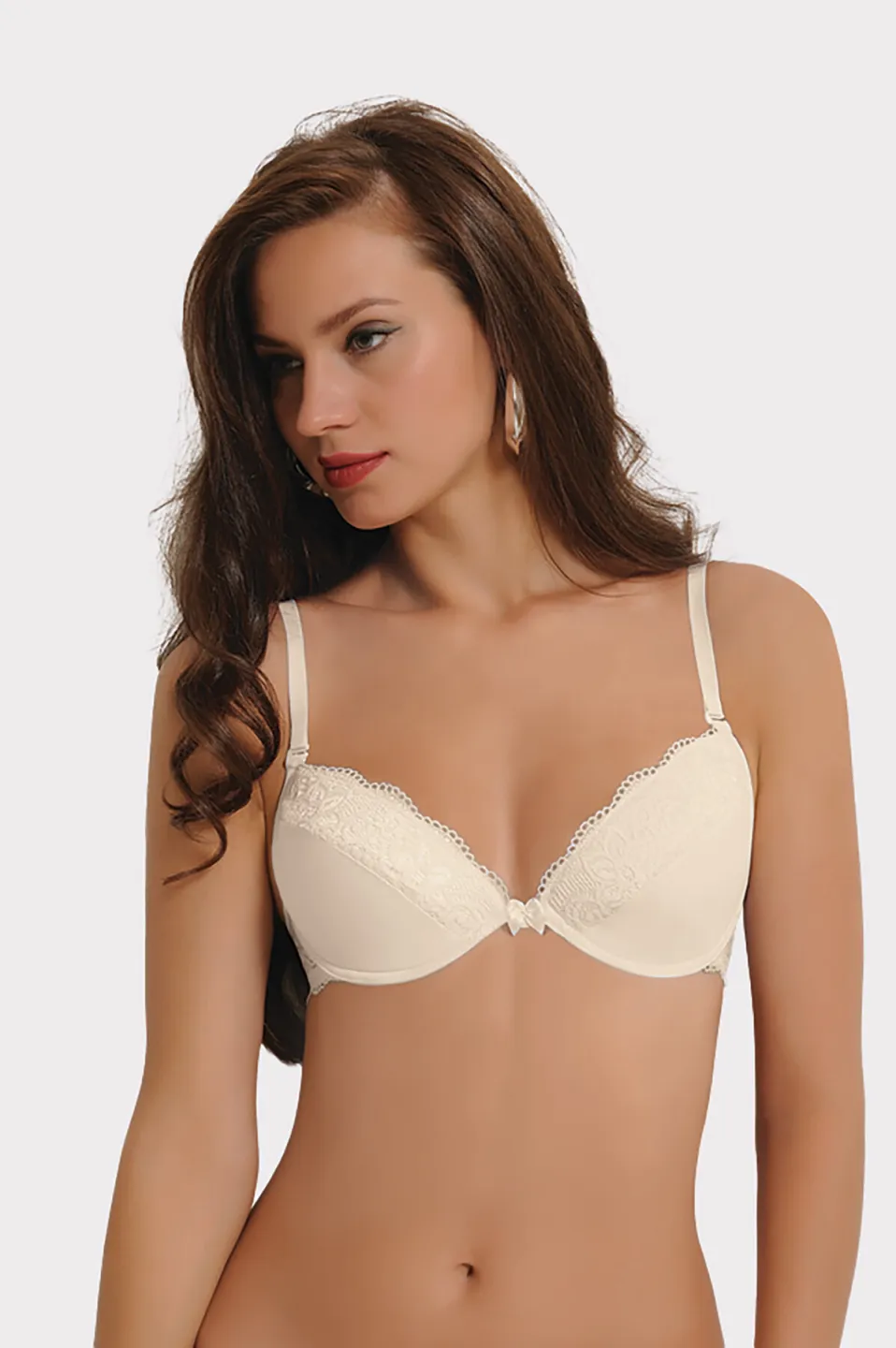 Sutien damă cu efect push-up și dantelă , culoare bej - 1