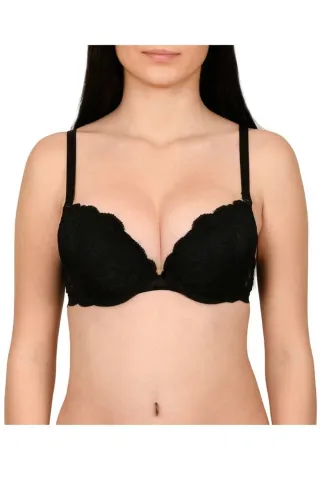 Sutien damă cu efect push-up și dantelă , culoare negru