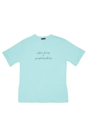 Tricou damă din bumbac, cu imprimeu - culoare albastru deschis