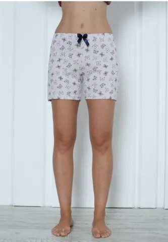 Short damă pijama din bumbac, crem, imprimeu fluturi