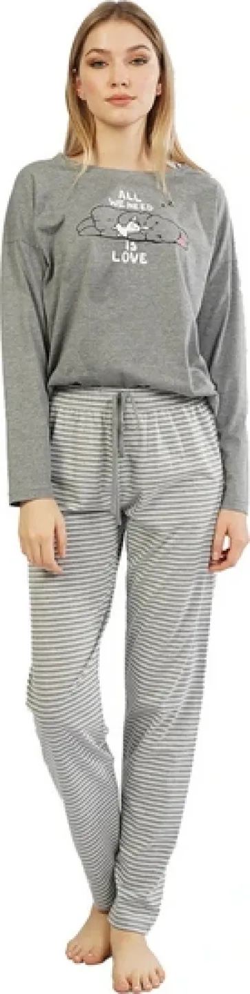 Pijamale damă cu mânecă lungă și pantaloni lungi, imprimeu All We Need Is Love, gri - 1