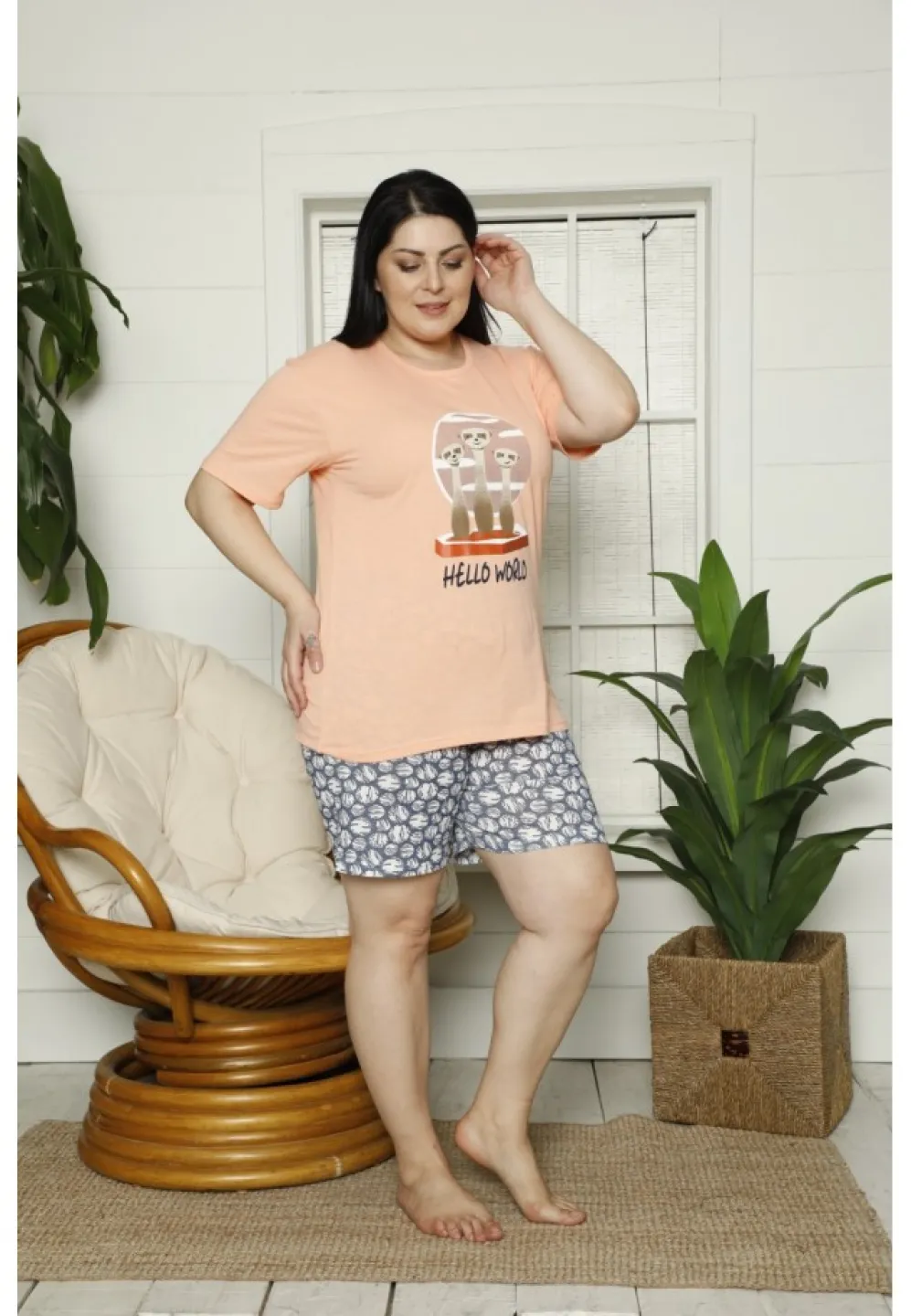 Pijama dama big size din bumbac, tricou portocaliu cu imprimeu „Hello World” și pantaloni scurti asortați, portocaliu - 1