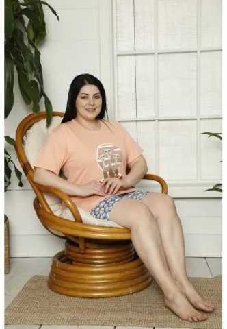 Pijama dama big size din bumbac, tricou portocaliu cu imprimeu „Hello World” și pantaloni scurti asortați, portocaliu hover