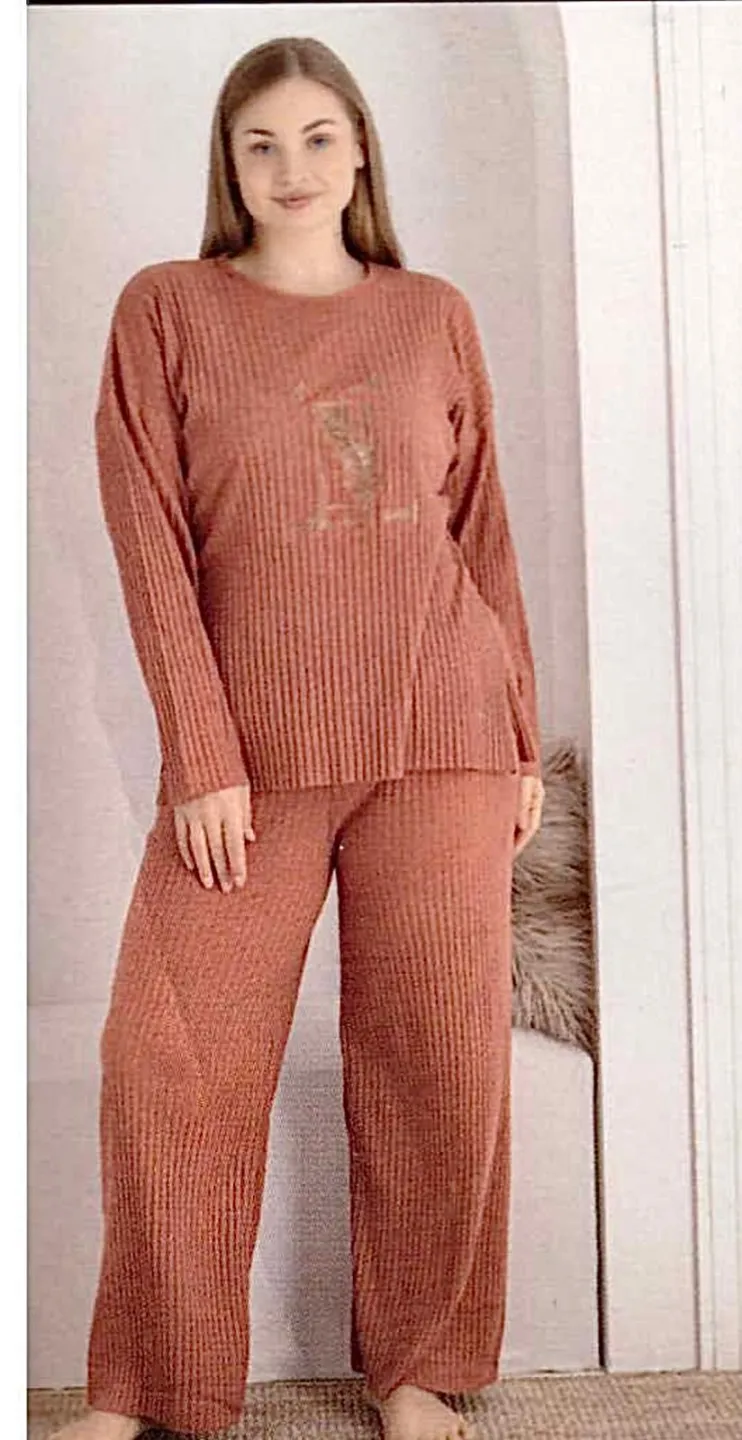 Pijama damă, mânecă lungă și pantaloni lungi, din bumbac, culoare portocaliu - 1