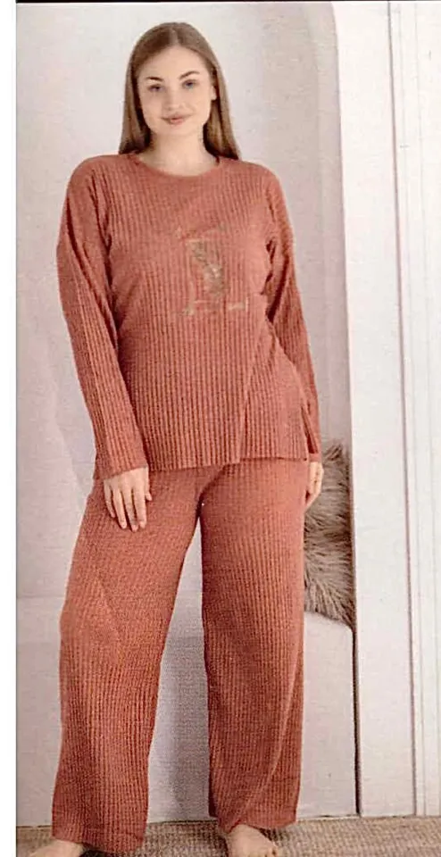 Pijama damă, mânecă lungă și pantaloni lungi, din bumbac, culoare portocaliu