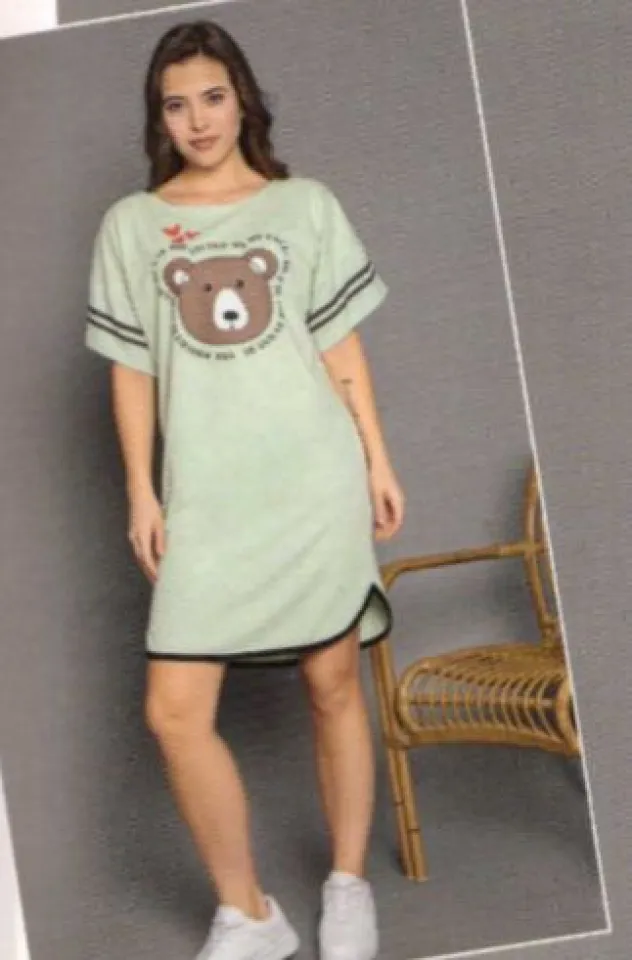 Rochie casual damă cu mânecă scurtă, până la genunchi, imprimeu ursulet, verde