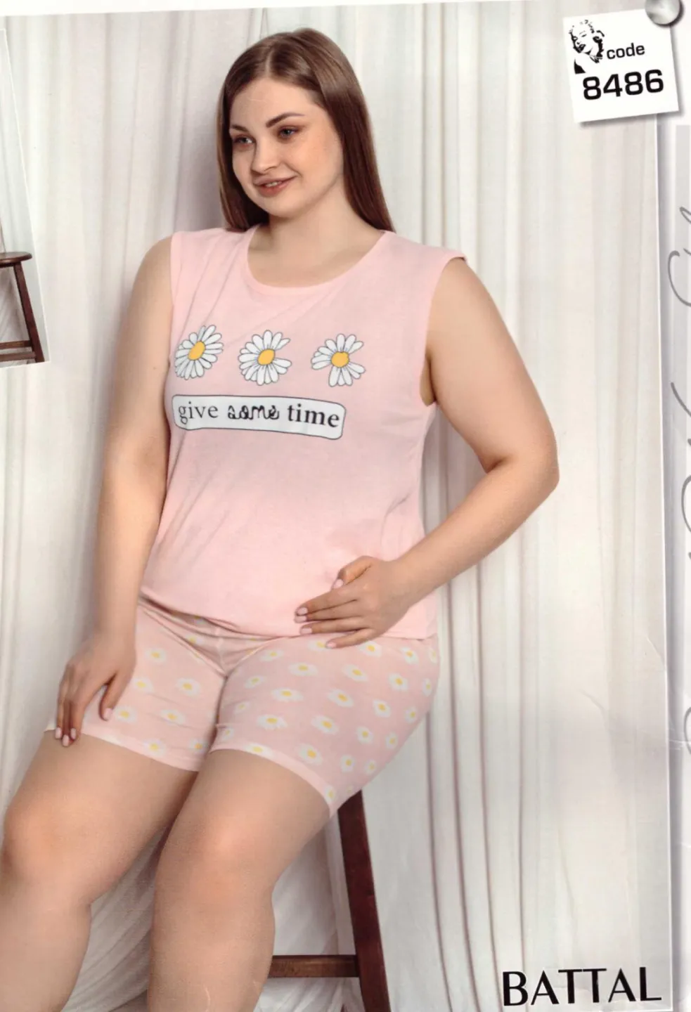 Pijama damă big size din bumbac, tricou și pantaloni scurți, imprimeu Give Some Time-roz - 1