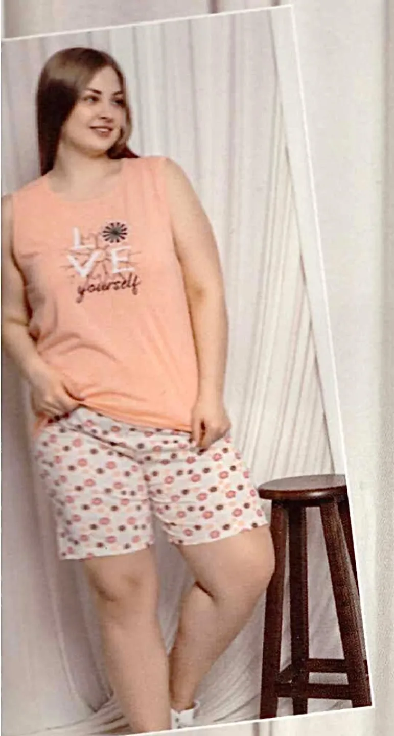 Pijama dama big size din bumbac, maiou portocaliu cu imprimeu „Love Yourself” și pantaloni scurti - 1