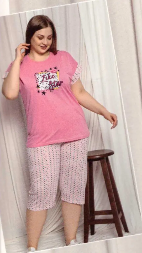 Pijama dama big size din bumbac, tricou roz cu imprimeu „Like A Star” și pantaloni 3/4 asortați