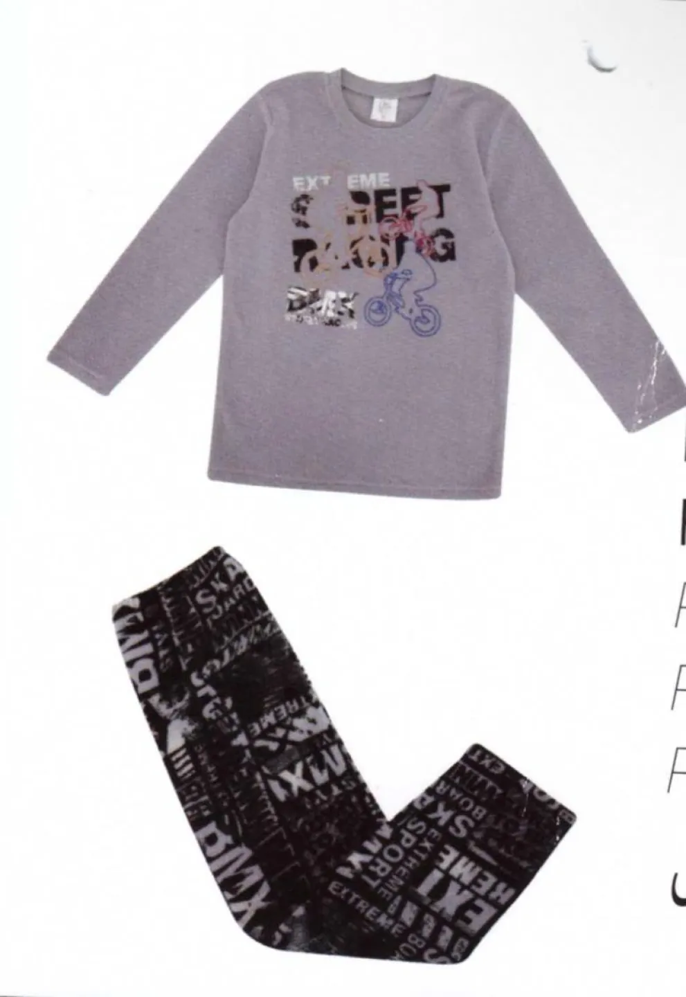 Pijama barbati polar, bluza cu maneca lunga si pantaloni lungi, culoare gri, imprimeu Street Racing - 1