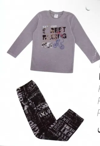 Pijama barbati polar, bluza cu maneca lunga si pantaloni lungi, culoare gri, imprimeu Street Racing