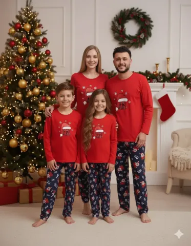 Pijama Crăciun Familie– Bluză Roșie & Pantaloni Bleumarin cu Imprimeu „HO HO HO”