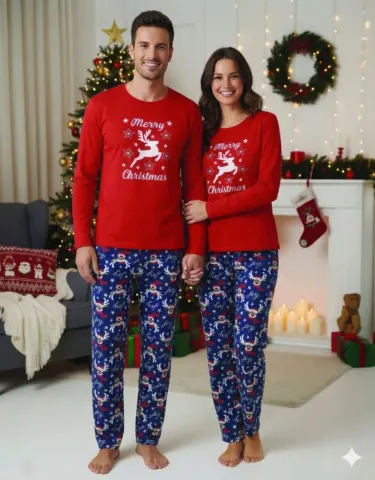 Pijama Crăciun Cuplu - Bluză Roșie & Pantaloni Bleumarin, Ren Merry Christmas